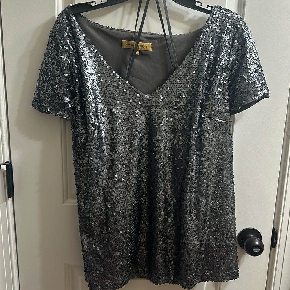 Nipon Boutique Charcoal Sequin Shirt Sleeve Blouse